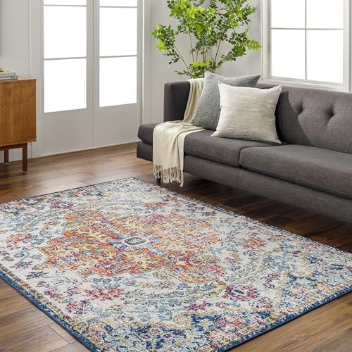 Livabliss Lou Asmara Vintage Carpet 152x152 cm – Multicolour Boho Style for Living Room, Dining & Kitchen, Easy Care Floor Covering, Blue Orange