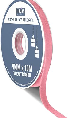 Italian Options Velvet Ribbon, Luxury, Single-Face Velvet Ribbon for Crafting, Christmas, Bows, Hair, Cakes, Weddings, Ornaments, Gift Wrapping, Flowers, 9mm x 10 Metre Roll, Vintage Pink