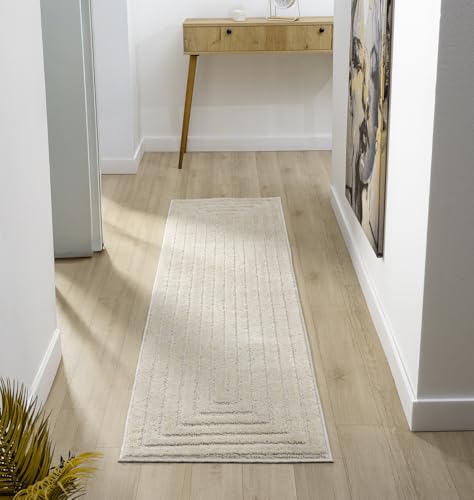 Rugs by Desire Isabella Living Room Area Rug - Cut-Loop Pile Polypropylene Weaving - Jute Backing - Indoor Carpet in Geometric, Cobble, Mazia Arch, Imperial Trellis Designs, Cream, 60x220 cm
