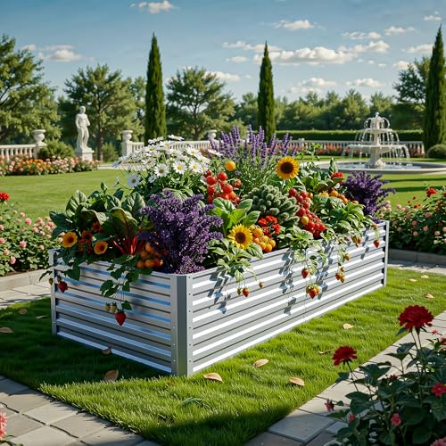 DWVO Raised Beds for Garden,870L Raised bed Metal,0.35mm Galvanised Steel galvanised planter with Safety Edging&4pcs Support Rod for Garden Vegetables Fruit(2X Silver 180X90X54CM)
