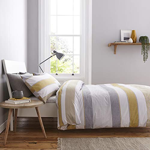 Catherine Lansfield Newquay Stripe Ochre Duvet Cover 135 x 200 + 80 x 80 cm + Fitted Sheet White 90 x 200 cm + 1 Pillowcase 80 x 80 cm White
