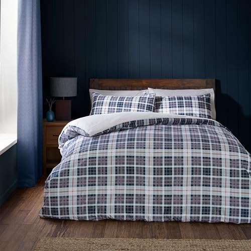Catherine Lansfield Cosy Sherpa Check Single Duvet Cover Set with Pillowcase Navy Blue