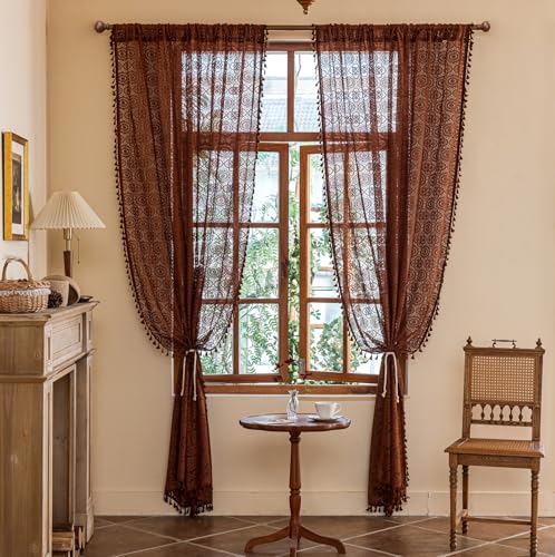 "YJ YANJUN Boho Lace Curtains 96 Inches Long 2 Panels Retro Floral Hollow Tassel Curtain Panles Shabby Chic Sheer Brown Curtains for Living Room Bedroom Home Office Light Filtering 52"" W x 96"" L Brown"