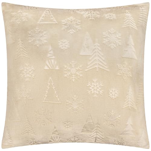 furn. Festive Time Cushion Cover– Soft Flannel Fleece Winter Embossed Christmas Decorative Case (Natural - 50x50cm)