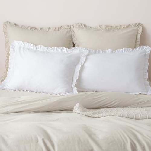 "PHF 100% Washed Cotton Ruffle Pillowcases King Size, 2 Pack 20"" X 36"" Pillow Shams, No Insert, Ultra Soft Cotton Pillow Cases,Decorative Farmhouse Bedding, White"