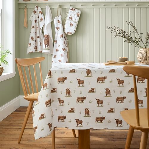 Catherine Lansfield Angus Highland Cow Cotton 137x178cm Table Cloth Natural