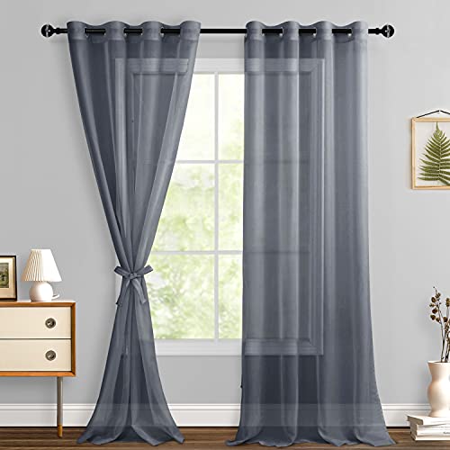 Hiasan Dark Grey Sheer Curtains 108 Inches Long with Tiebacks, Light Filtering Breathable Voile Drape Lightweight Window Curtains for Bedroom, Living Room, Sliding Door, W52 x L108, 2 Panels