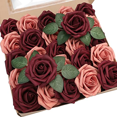 Floroom Artificial Flowers 25pcs Real Looking Wine & Pinky Cedar Foam Fake Roses with Stems for DIY Wedding Bouquets Bridal Shower Centerpieces Floral Arrangements Party Tables Home Decorations