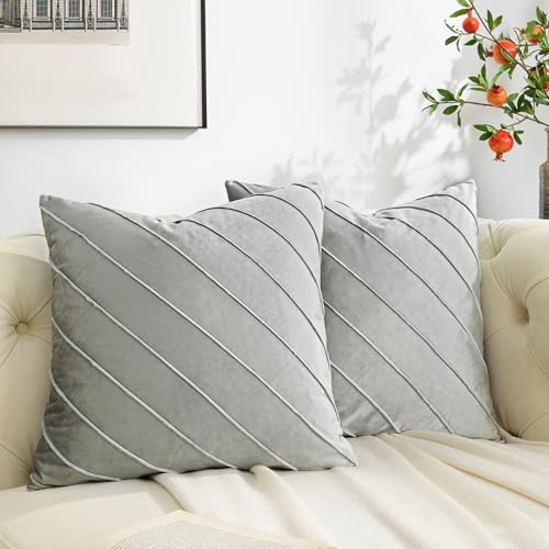 GIGIZAZA Decorative Velvet Pillow Covers 20x20, Set of 2 Silver Grey Sofa Couch Throw Pillows Covers Cases, Living Room Square Cushion Accent Stripe Covers