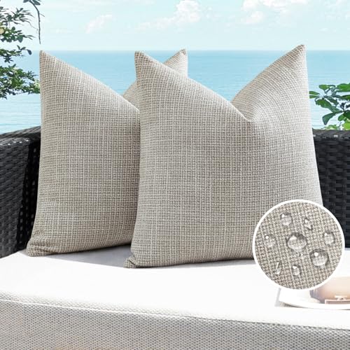 Artscope Outdoor Waterproof Throw Pillow Covers 20x20 Inch Decorative Linen Outdoor Pillows Cushion Case for Patio Couch Sofa - Khaki