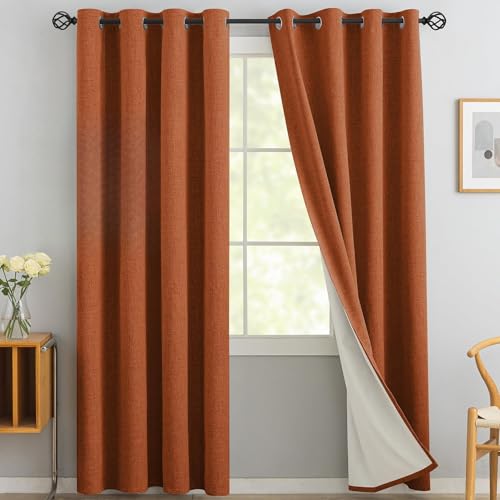Yakamok Burnt Orange Linen Curtains 100% Blackout 96 Inches Long, Room Darkening Textured for Living Room, Thermal Grommet Bedroom 2 Panels With White Liner