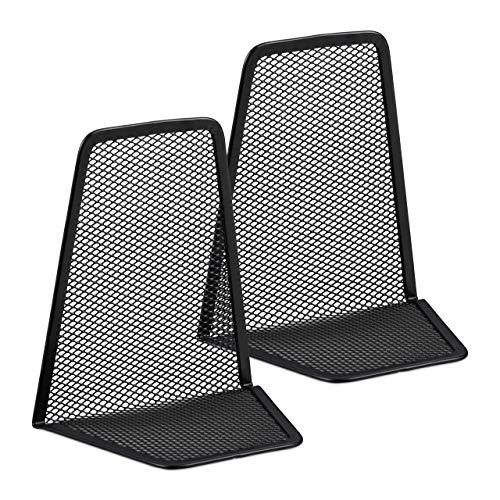 Relaxdays Set of 2 Bookends, Supports for Books, CDs, DVDs, HxWxD: app. 14.5 x 12.5 x 9 cm, Black