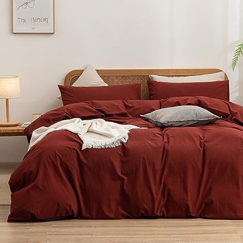 BESTOUCH Duvet Cover Set 100% Washed Cotton Linen Feel Super Soft Comfortable Chic Lightweight 3 PCs Home Bedding Set Solid Fired Brick Red Queen