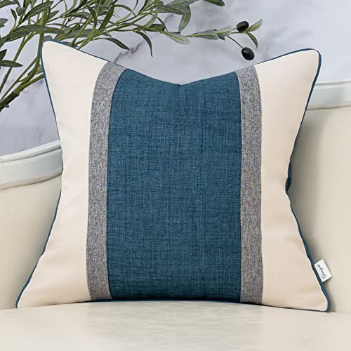 Yangest Blue Patchwork Linen Pillow Cover, Farmhouse, Jute Pillow Cover, Neutral Pillowcase for Sofa, Couch, Bedroom, Living Room, Home Decor, 18x18 Inch