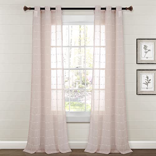 "Lush Decor Farmhouse Textured Grommet Sheer Window Curtain Panel Pair, 84"" Long x 38"" Wide, Blush"