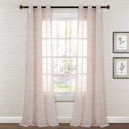 "Lush Decor Farmhouse Textured Grommet Sheer Window Curtain Panel Pair, 84"" Long x 38"" Wide, Blush"