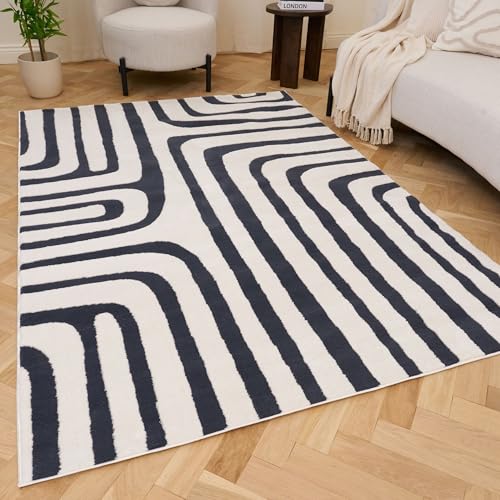 THE RUGS Living Room Rug, Loft Collection – Modern Textured 14mm Soft Pile Area Carpet, Non-Shedding & Easy Care [ Geometric Blue, 80x150 cm]