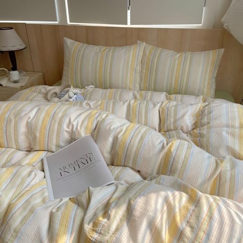 LifeTB 100% Washed Cotton Striped Duvet Cover Set King, 3 Pieces Colorful Yellow Stripes Pattern Printed Comforter Cover, Retro Striped Bedding Set Soft Breathable Duvet Cover with Zipper Closure