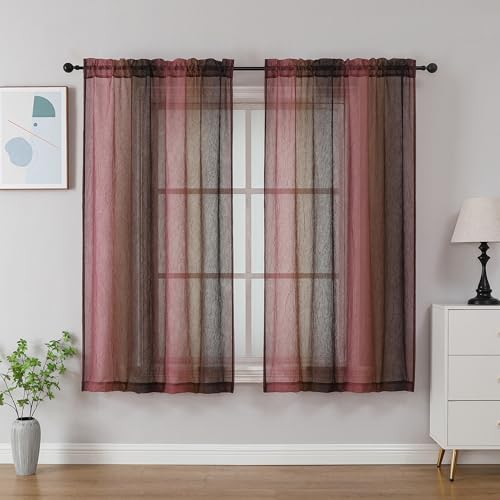 "OWENIE Ombre Sheer Curtains for Bedroom Living Room 54 Inch Length 2 Panels - Gradient Light Filtering Crinkle Crushed Semi Sheer Printed Curtains, Modern Rod Pocket, (42"" W x 54"" L, Pink/Brown)"