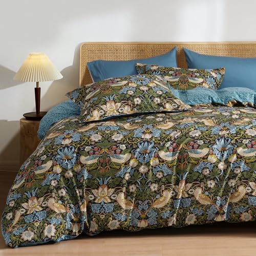 PHF Ultra Soft Floral Queen Size Sheet Set Reversible Boho Style 3 Piece Set Comfy Durable Morris Garden Design 2 Pillow Cases, Zipper, 8 Strips