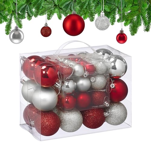 Relaxdays Christmas Baubles, Set of 50, Tree Ornaments, ∅ 3, 4 & 6 cm, Decorations, Glittery, Matte & Shiny, Silver/Red