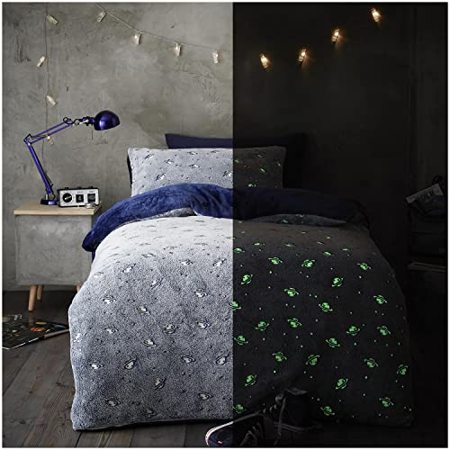 GC GAVENO CAVAILIA Teddy Fleece Duvet Cover Double, Flurosent Glow In Dark Planet Bedding, Cuddle & Fluffy Bed Set, Grey