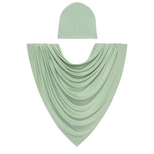 Posh Peanut Unisex Baby Swaddle Blanket - Large Premium Knit Viscose from Bamboo - Infant Swaddle Wrap, Receiving Blanket and Beanie Set, Baby Shower Newborn Gift, Registry - Sage