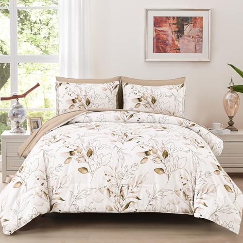 Brown Comforter Set Queen, 7 Pieces Botanical Reversible Bed in a Bag Golden Leaves Bedding Set Soft Microfiber Queen (1 Comforter,2 Pillowcase,2 Pillow Shams,1 Flat Sheet,1 Fitted Sheet)