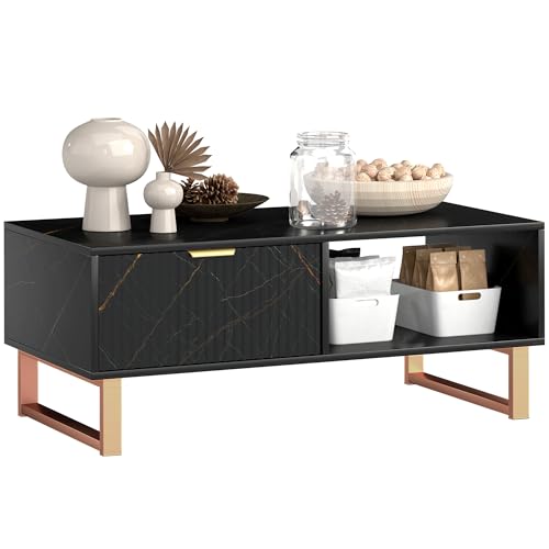 HOMCOM Marble-Effect Coffee Table with Storage, Drawer, Fluted Door, Black
