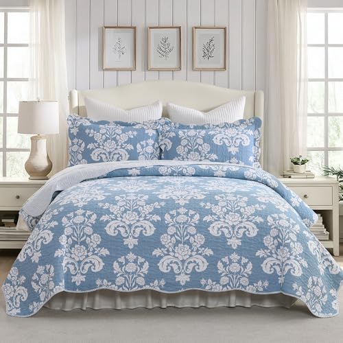 "LORRIARD 100% Cotton Farmhouse Quilt Set King Size, Blue & White, 106""x98"" - Scalloped Farmhouse Quilt Bedding Set, Elegant Damask, Lightweight Bedspread, All Season Comforter, with 2 Pillow Shams"