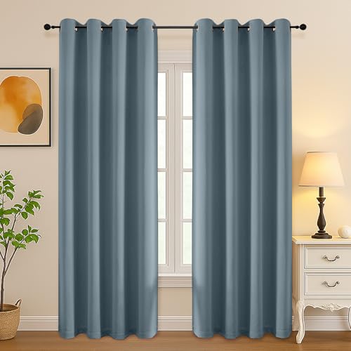 Simplebrand Stone Blue Room Darkening Curtains for Bedroom Living Room 84 Inch Length 2 Panels Set, Thermal Insulated Curtains & Drapes, Solid Grommet Noise Reducing Window Treatment, W50 x L84 Inch