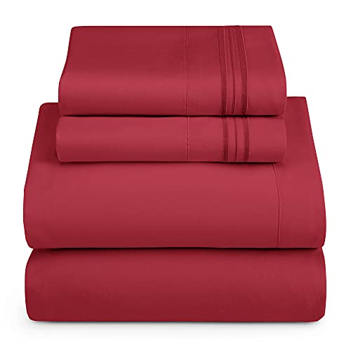 Hearth & Harbor RV Short Queen Size Sheets - 4 Piece Bed Sheet Set, Hotel Luxury Double Brushed Bed Sheets - Extra Soft Bedding Sheets & Pillowcases, Short Queen, Burgundy