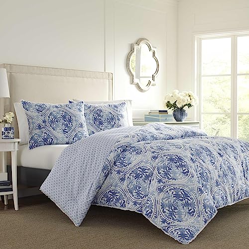 Laura Ashley Comforter Set Reversible Cotton Bedding with Matching Shams, Stylish Home Decor for All Seasons, Queen (Pack of 1), Blue