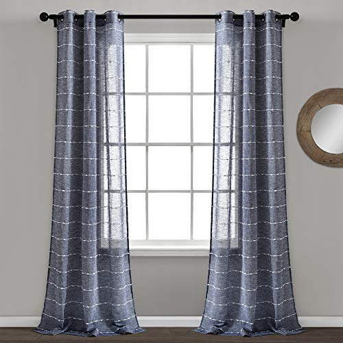 "Lush Decor Farmhouse Textured Grommet Sheer Window Curtain Panel Pair, 38"" W x 95"" L, Navy"
