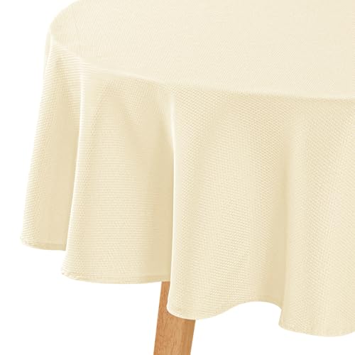 Hiasan Round Textured Tablecloth 60 Inch - Waterproof Spillproof Antiwrinkle Jacquard Table Cloth, Decorative Polyester Table Cover for Kitchen, Outdoor Picnic, Holiday and Parties, Champagne