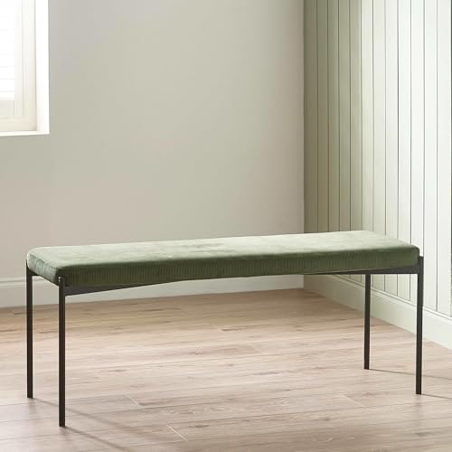 Julian Bowen Leonie Dining Bench – Modern Stool for 2 People, 120cm Velvet Upholstered Seat with Black Metal Legs for Kitchen, Entryway and Dining Room – Green