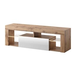 Selsey HUGO – Modern TV Unit/TV Cabinet (140cm, Lancaster Oak/Gloss White Front Panel with LED Lighting)