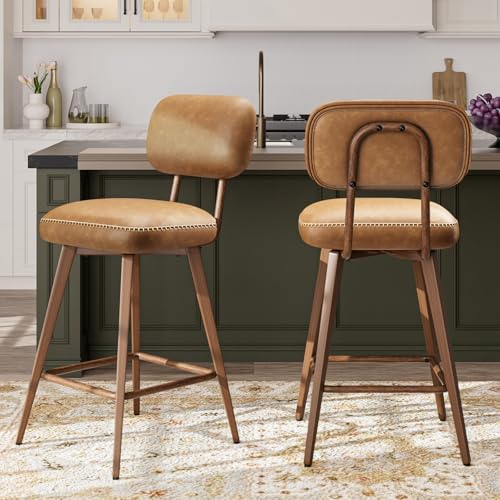 MALOL PU Leather Breakfast Bar Stools Set of 2, Swivel Kitchen Bar Chairs with Backrest and Metal Legs, Modern Barstools Counter with Anti-Slip Pads for Kitchen Island, Dining Room, Brown