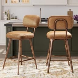 MALOL PU Leather Breakfast Bar Stools Set of 2, Swivel Kitchen Bar Chairs with Backrest and Metal Legs, Modern Barstools Counter with Anti-Slip Pads for Kitchen Island, Dining Room, Brown