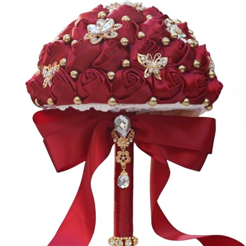 "Mhojpik Bridal Wedding Bouquet Round Holding Bouquet Throw Toss Artificial Rose Flower Bunch for Bride Bridesmaid Wedding Quinceanera(Dark Red, 7.1"")"