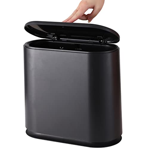 12 Liter Rectangular Plastic Trash Can Wastebasket with Press Type Lid,3.17 Gallon Dog Proof Garbage Container Bin for Bathroom,Powder Room,Bedroom,Kitchen,Craft Room,Office,Black