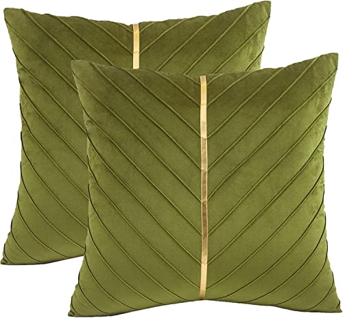Tosleo Olive Green Velvet Throw Pillow Covers 24x24 Pack of 2 with Gold Leather Christmas Decorative Couch Pillowcases Luxury Modern Pillow Cover for Living Room Bedroom Sofa Cushion Bed