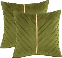 Tosleo Olive Green Velvet Throw Pillow Covers 24x24 Pack of 2 with Gold Leather Christmas Decorative Couch Pillowcases Luxury Modern Pillow Cover for Living Room Bedroom Sofa Cushion Bed