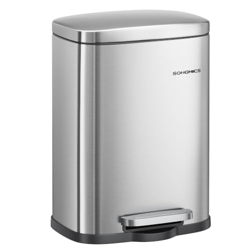 SONGMICS 5L Silver Bathroom Bin, Easy-Clean Stainless Steel, Soft-Close Lid - Hands-Free Opening, Bag Holder and Space-Saving Design for Bathrooms and Small Spaces, LTB005EZ01