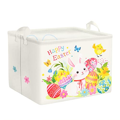 Clastyle Easter Bunny Eggs Leaves Flowers Butterfly Cube Storage Basket White Waterproof Rectangular Fabric Shelf Baskets Clothing Toy Storage Box 40 x 30 x 30 cm