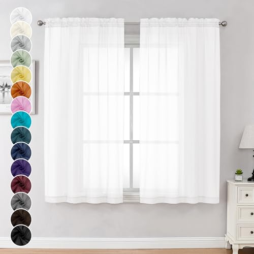 Chyhomenyc White Sheer Curtains 63 Inch Length 2 Panels Set, Light Filtering Rod Pocket Window Curtain Treatment Drapes for Bedroom Living Room, Each 42Wx63L, Set of 2, White
