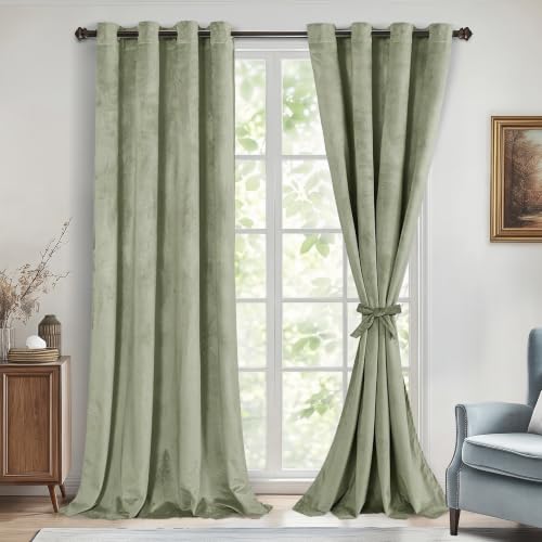 DWCN Light Sage Velvet Curtains - Thermal Insulated Thick Grommet Tieable Window Treatments Room Darkening Privacy Protect Drapes for Bedroom Living Room Home Decor, W52 x L90, 2 Panels