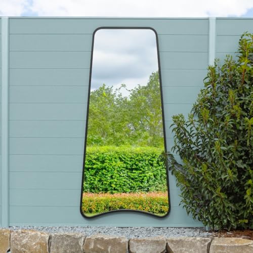 "The Coartans - New Black Metal Isoscelles Trapezoid Shape Framed Garden Wall Mirror with arched bottom. 71"" X 34"" (180CM X 85CM)"