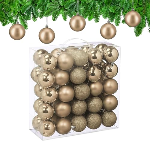 Relaxdays Christmas Baubles, Set of 50, Tree Ornaments, Holiday Decorations, Plastic, Shatterproof, 6 cm, Champagne