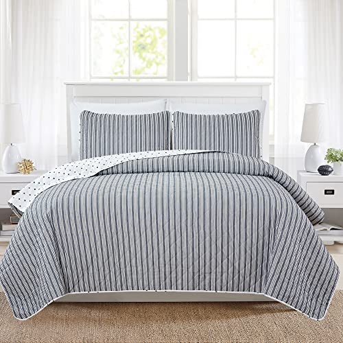 Market & Place 3 Piece Reversible Quilt Set with Shams - All-Season Soft & Lightweight Bedspread with Modern Striped Pattern - Nora Collection (Full/Queen, White/Grey)